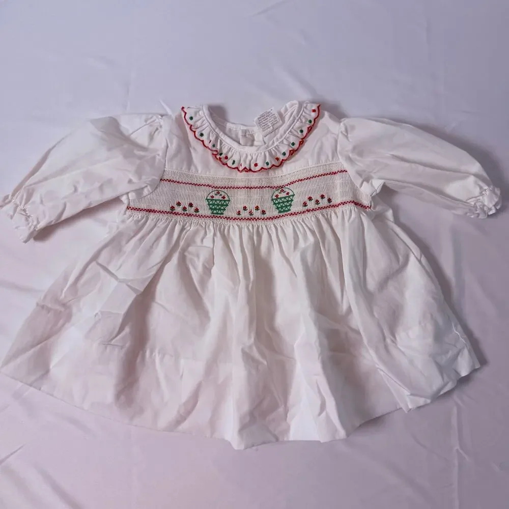 Vintage 80s Holiday Smocked Embroidered Peter Pan Collar White Christmas Dress